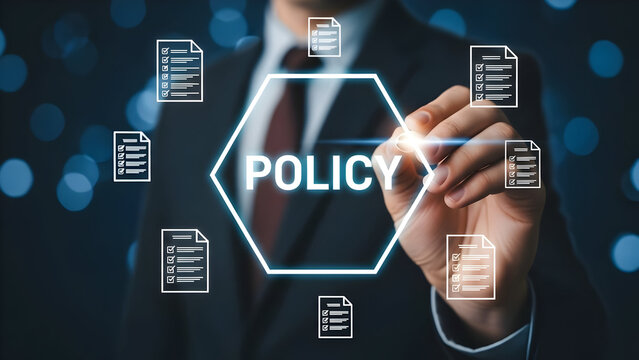 Businessman Drawing Policy Hexagon with Checklist Icons
