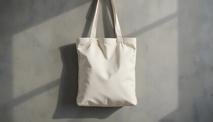 Stylish cream tote bag mockup against textured gray wall with sunlight shadows showcases versatile branding and design possibilities for eco conscious shoppers