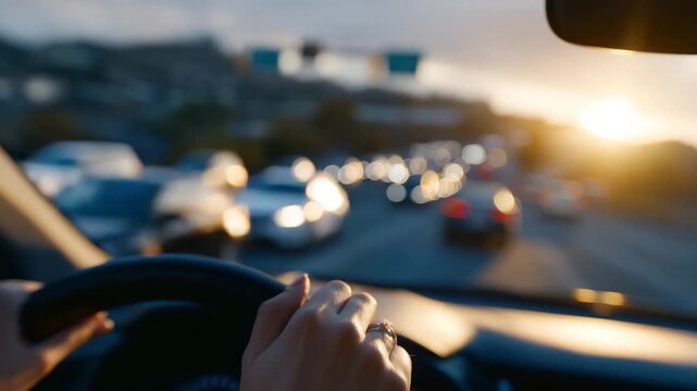 Macro shot of hands on textured steering wheel, traffic jam visible outside through windshield, soft sunlight glinting off hood of car ahead, urban slow commute scene