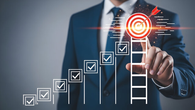 Businessman Reaching for Goal on Ladder of Success - Powered by Adobe