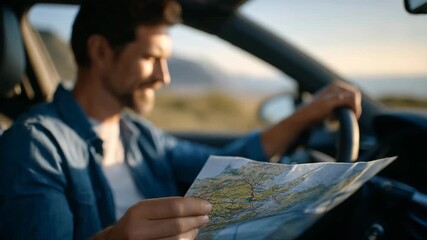 Man in casual clothes studying paper map, map unfolded across steering wheel, car interior illuminated by morning light, focus on navigation for road trip adventure - Powered by Adobe