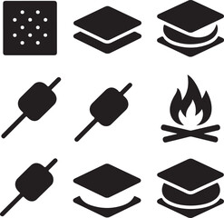 Marshmallow icons, campfire roasting, s'mores dessert, sweet treat, camping snack, biscuit sandwich