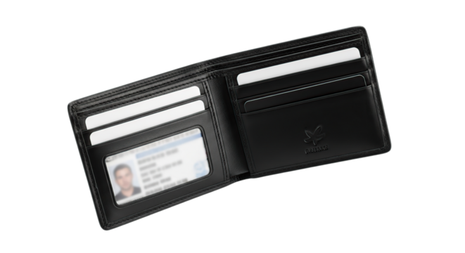 Open black leather wallet ID card male photo verifying identity for security isolated on transparent background