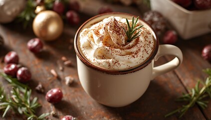 Eggnog Latte, creamy spiced holiday drink with steamed milk, nutmeg aroma, smooth frothy top, warm festive café-style beverage visuals