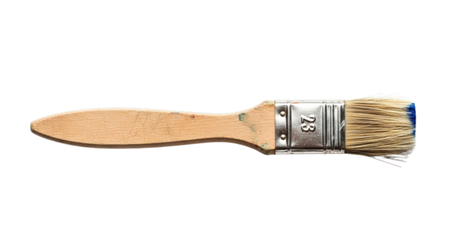 Old dirty paintbrush with wooden handle and blue paint residue for art projects isolated on transparent background