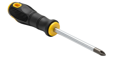 Professional black yellow Phillips head screwdriver essential tool for home renovation isolated on transparent background