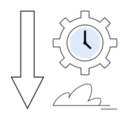 Gear with clock face symbolizes time management downward arrow and cloud suggest optimization. Ideal for productivity, workflow, deadlines, planning, efficiency, process improvement, simple flat