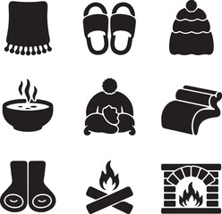 Winter icons, cozy fireplace, warm socks, hot soup, woolen hat, home slippers