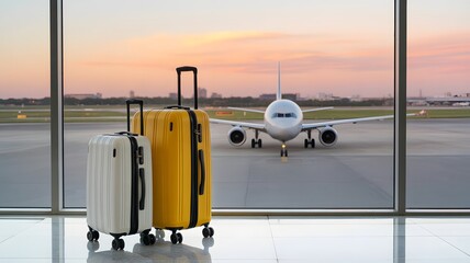 Two suitcases near airport window with airplane at sunrise, travel and vacation concept, luggage and transportation adventure background