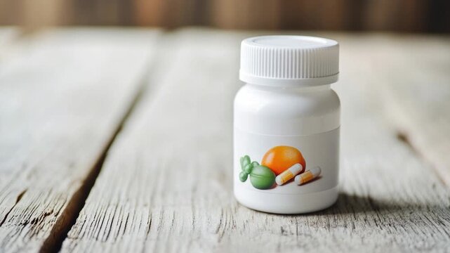 Video A bottle of vitamin pills sits on a wooden table, providing a compact and practical storage solution