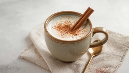 Eggnog Latte, creamy spiced holiday drink with steamed milk, nutmeg aroma, smooth frothy top, warm festive café-style beverage visuals