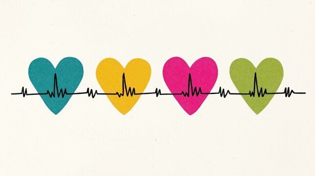 Colorful artistic hearts with ECG line – healthcare, cardiology and wellness concept