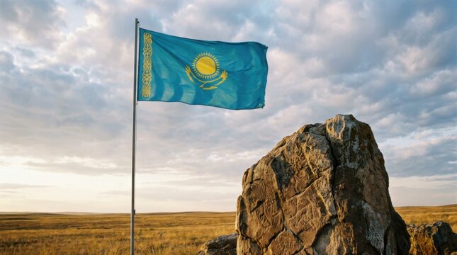 flag of kazakhstan waves beside a steppe monument beneath an expansive sky