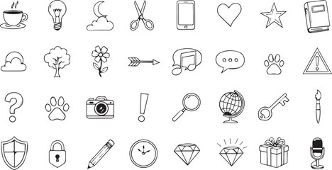 Hand drawn doodle icon collection. set of line art symbols ideas, education, chat, music, camera, globe, security, gifts. thin black outline on white, perfect for apps, websites, presentation