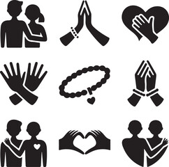 Friendship icons, love relationship, couple embrace, shaking hands, prayer support, heart shape