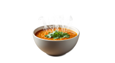 A steaming hot bowl of rich, orange lentil soup garnished with fresh green cilantro, presented in a simple ceramic bowl isolated on transparent background for food photography