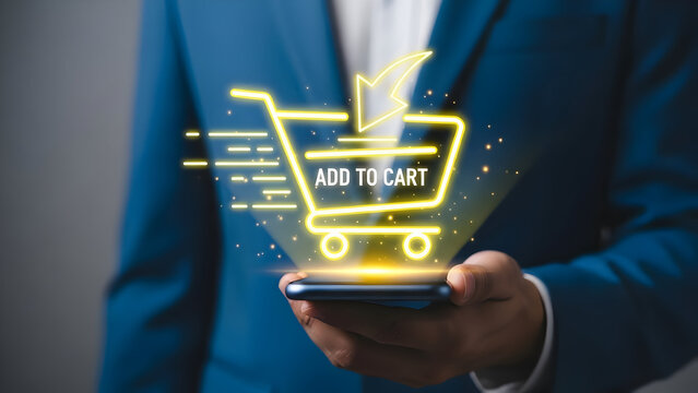 Digital Shopping Cart with Add to Cart Icon over Phone
