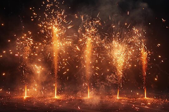 Fogos de artif&iacute;cio alinhados explodem simultaneamente, criando uma cena intensa e vibrante com chamas, fa&iacute;scas e fuma&ccedil;a, representando celebra&ccedil;&otilde;es e grandes eventos festivos