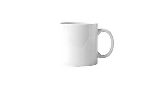 Simple white ceramic coffee mug isolated on transparent background, perfect for mockup or product display, clean and modern design for beverage service or office use