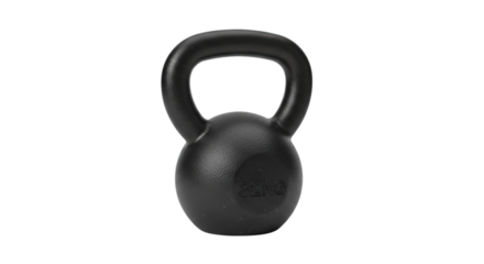 Sturdy black cast iron kettlebell for effective strength training and vigorous gym workouts isolated on transparent background