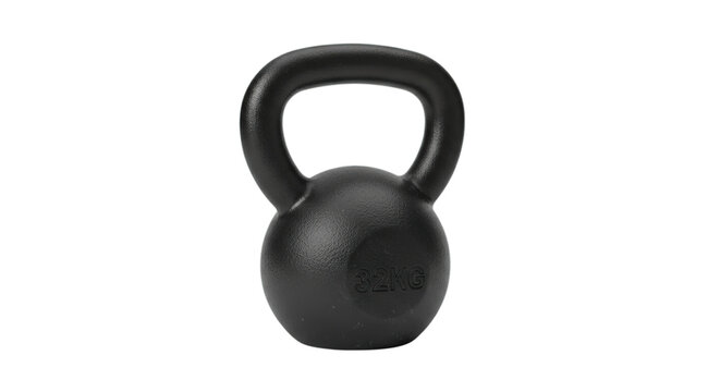 Sturdy black cast iron kettlebell for effective strength training and vigorous gym workouts isolated on transparent background