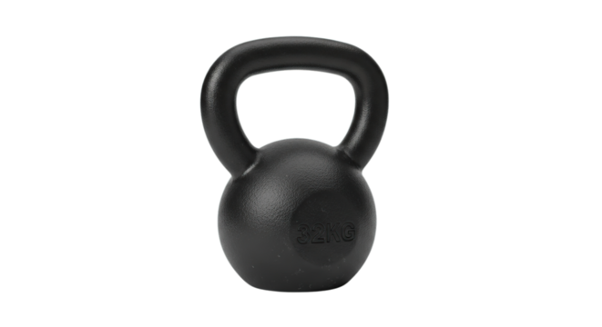 Sturdy black cast iron kettlebell for effective strength training and vigorous gym workouts isolated on transparent background