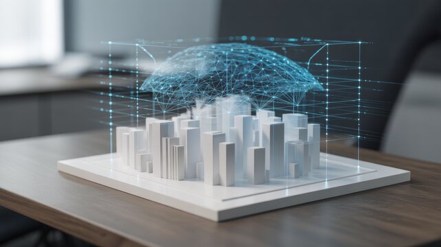 Above the model, a translucent blue holographic projection of a data sphere, composed of interconnected lines and dots, hovers. - Powered by Adobe