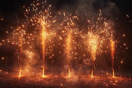 Fogos de artif&iacute;cio dourados explodindo na noite escura, simbolizando comemora&ccedil;&atilde;o, espet&aacute;culo visual, vit&oacute;ria, eventos festivos, celebra&ccedil;&otilde;es p&uacute;blicas e momentos de alegria coletiva