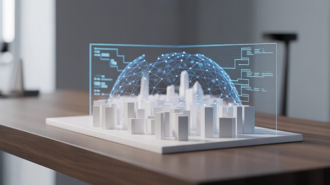 Above the model, a translucent blue holographic projection of a data sphere, composed of interconnected lines and dots, hovers.