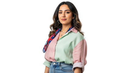 Confident diverse young woman smiling in modern colorful shirt isolated on transparent background looking forward