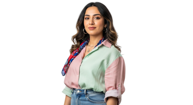 Confident diverse young woman smiling in modern colorful shirt isolated on transparent background looking forward