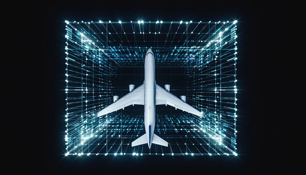 Aviation inside Digital Frame: A futuristic perspective reveals a passenger plane encased within a luminous digital grid, suggesting advanced technology and seamless connectivity. - Powered by Adobe