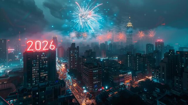 Cidade iluminada com fogos de artif&iacute;cio celebrando a chegada de 2026, criando uma atmosfera festiva com luzes vibrantes, c&eacute;u colorido e clima urbano de comemora&ccedil;&atilde;o
