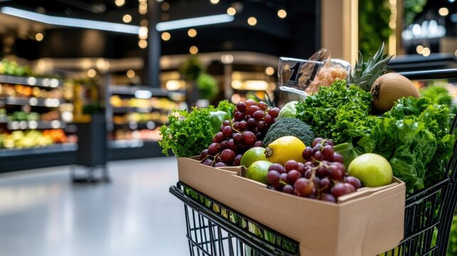 Fresh produce fills a shopping cart in a modern grocery store filled with colorful fruits and vegetables - Powered by Adobe
