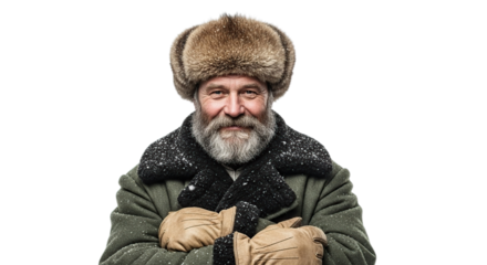 Smiling bearded senior man in warm fur hat winter coat with snow isolated on transparent background