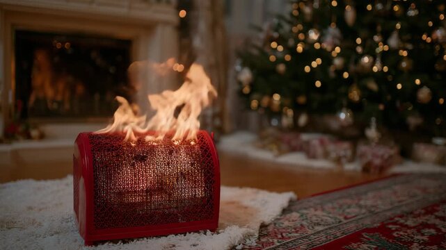 Red space heater glowing dangerously close to a Christmas tree skirt, flames beginning to catch on fabric, warm holiday lights reflecting off ornaments, illustrating winter fire ri