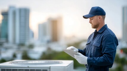 Rooftop HVAC maintenance, man in uniform and gloves inspecting compressor unit, sunlight glinting off aluminum housing, urban buildings softly blurred behind