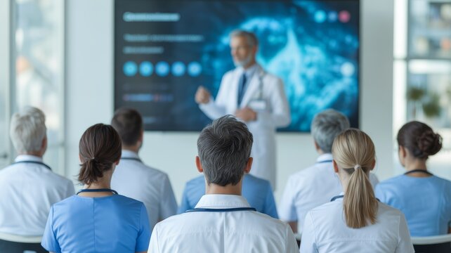 Group of healthcare professionals, sitting in a neat rows of chairs and attentively watching a medical presentation.