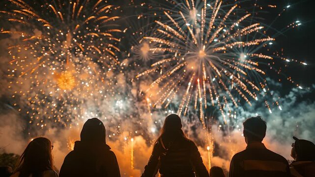 Fogos de artif&iacute;cio iluminam o c&eacute;u enquanto um grupo de pessoas observa o espet&aacute;culo noturno, criando uma cena vibrante de celebra&ccedil;&atilde;o, luzes intensas e clima festivo