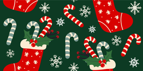 Festive Christmas Seamless Design with Stockings, Candy Canes, and Snowflakes