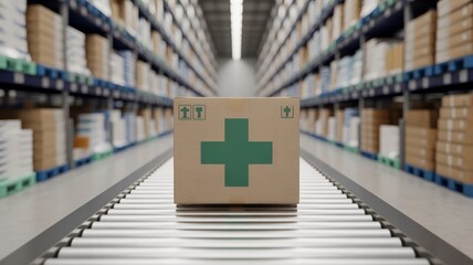 Box features a large green plus sign logo on the front face, along with standard shipping icons.