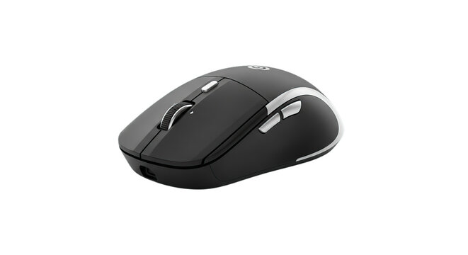 Black wireless computer mouse ergonomic design for office productivity and gaming technology isolated on transparent background - Powered by Adobe