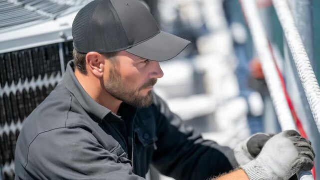 Rooftop HVAC repair scene, technician in uniform and gloves inspecting condenser coils, sunlight casting shadows on metal surfaces, maintenance work in progress