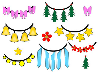 Christmas tree set featuring decorated and plain evergreen trees with stars, presenting festive holiday designs