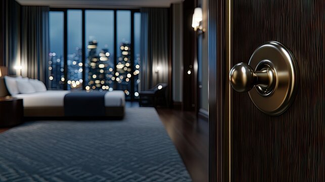 Experience an elegant hotel room that showcases a breathtaking city view at night, complete with a stylish door handle and contemporary decor that enhances the ambiance