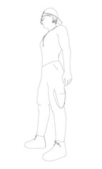 A man wearing a cap, glasses, and pants stands against a white background in a detailed sketch style.