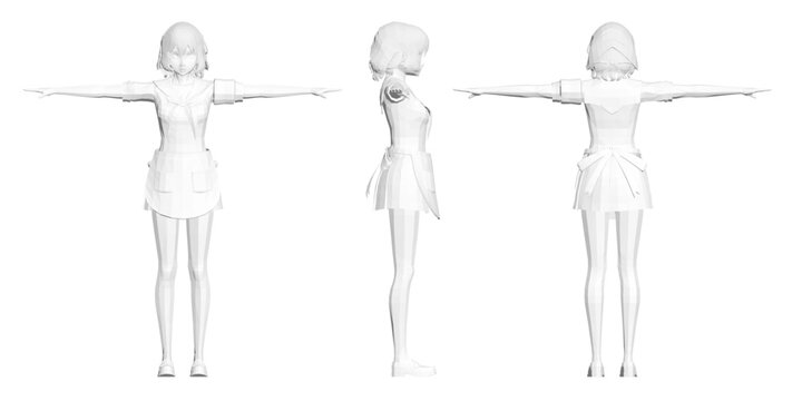 A girl in a white apron dress strikes a t pose from Attack on Titan, rendered in a polygonal art style against a clean white set.