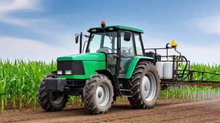 Ground-level view of tractor spraying crops in rural agricultural machinery action