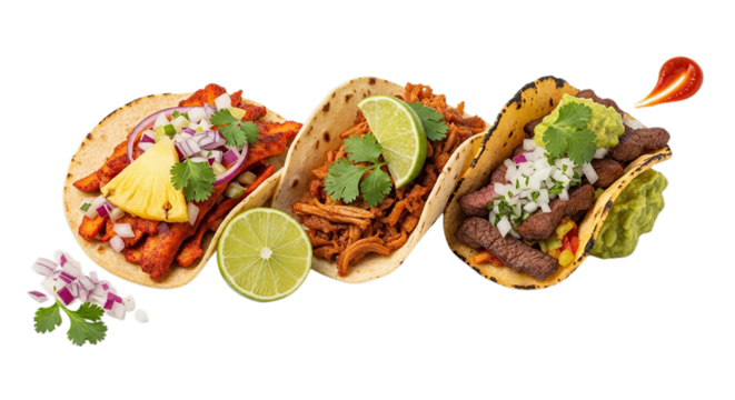 Three vibrant authentic Mexican street tacos showcasing diverse delicious fillings isolated on transparent background