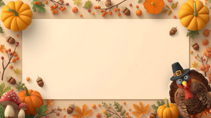 Autumnal Thanksgiving mockup featuring pumpkins, acorns, fall leaves, and a cartoon turkey against a cream backdrop